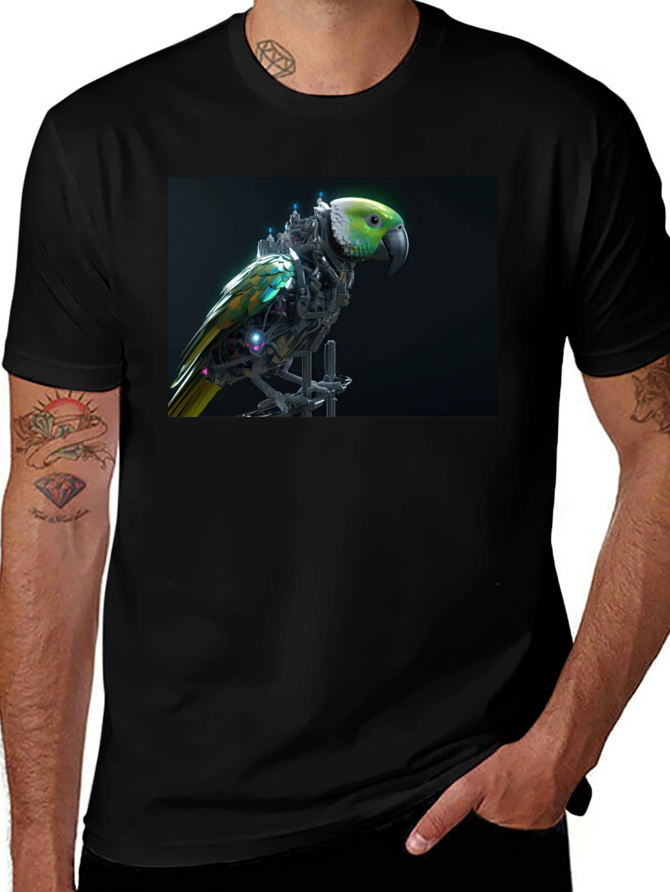 Cybernetic Parrot Graphic Tee - Black T-Shirt