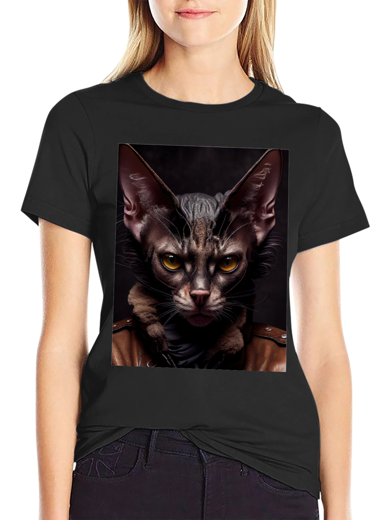 Cat in Leather Jacket Graphic T-Shirt