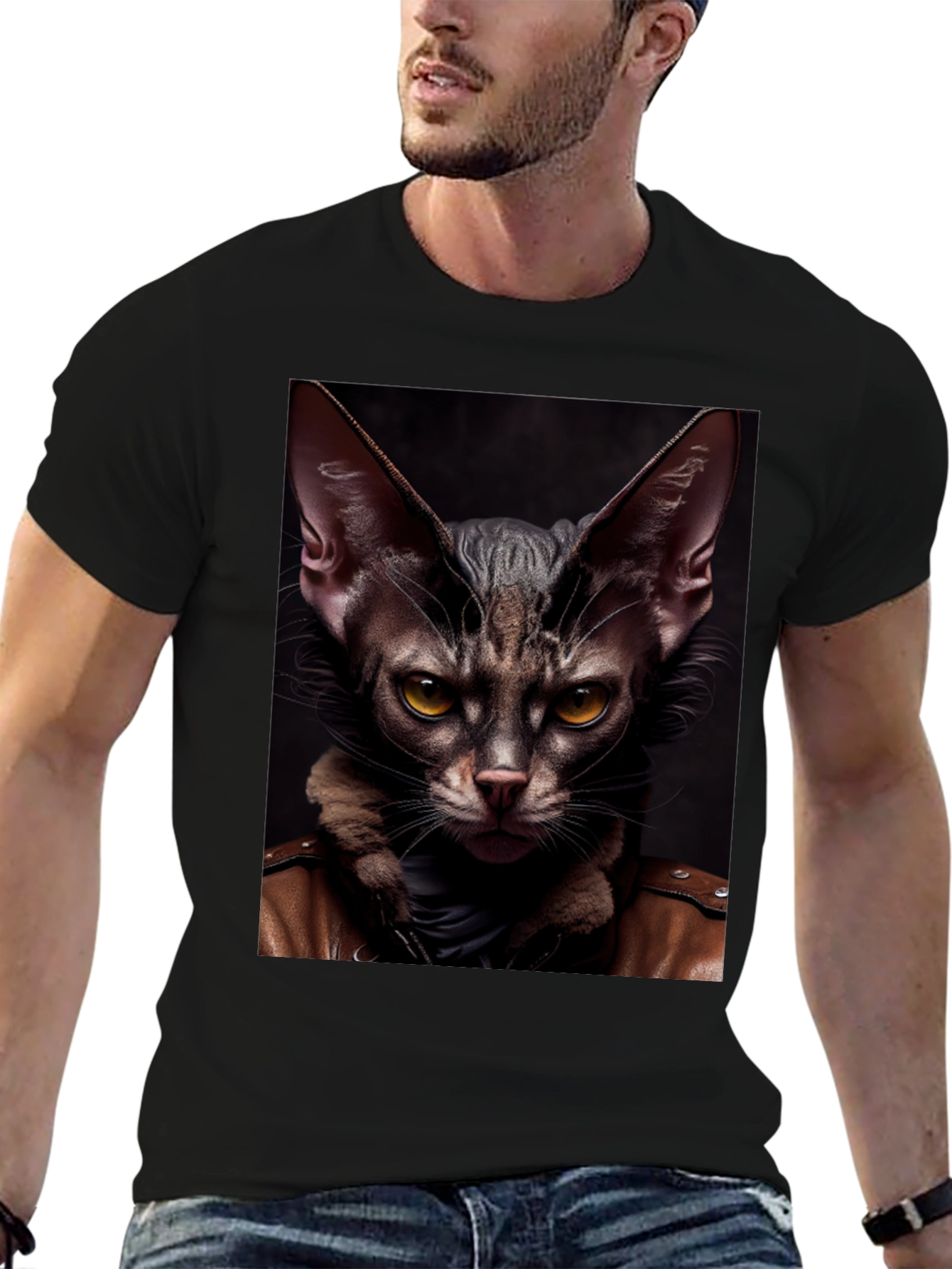 Cat in Leather Jacket Graphic T-Shirt