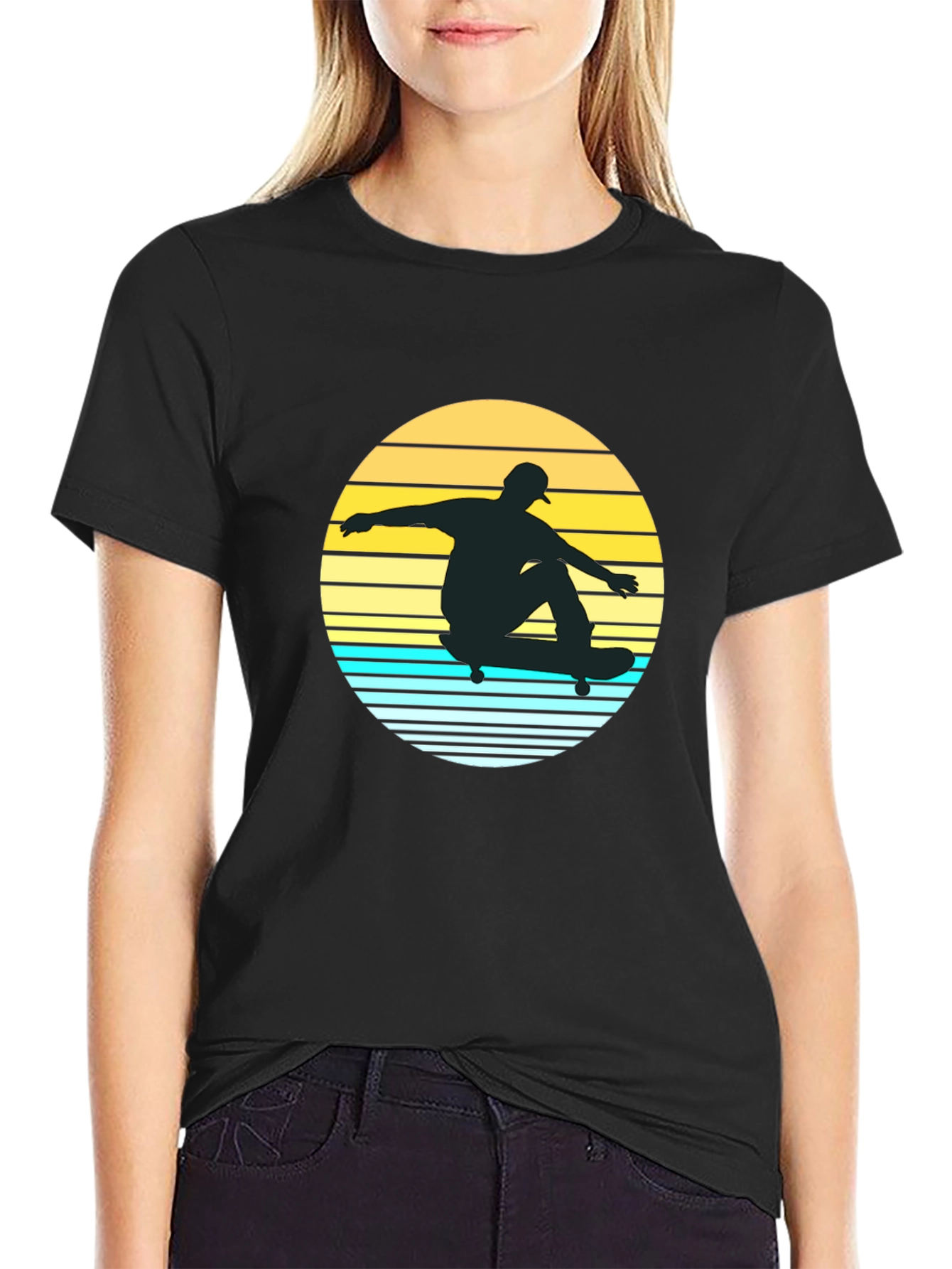 Skateboarder Sunset Graphic Tee - Black Casual Shirt