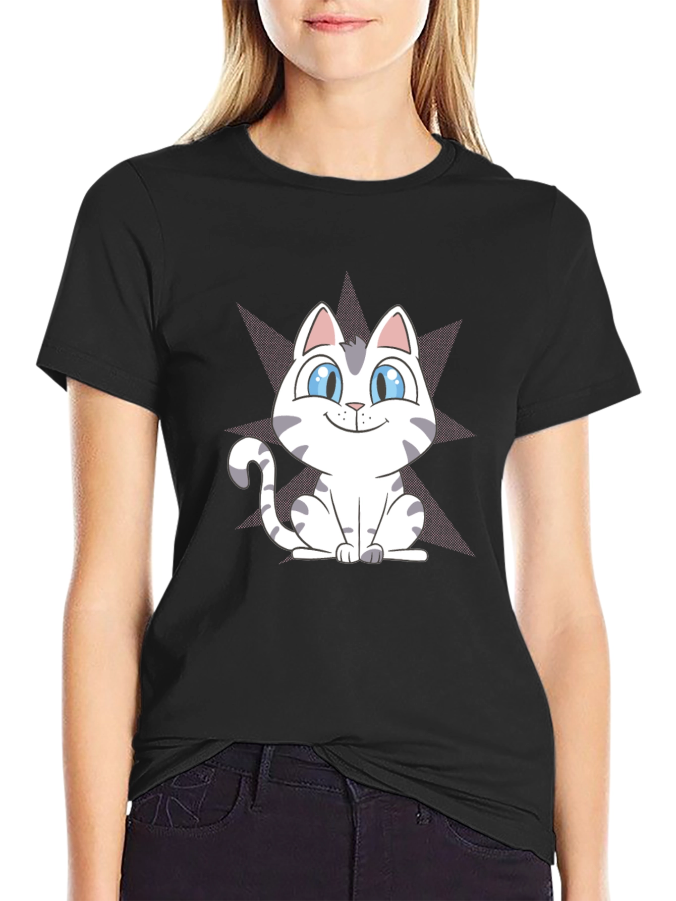 Cute Cartoon Cat Graphic Tee - Black