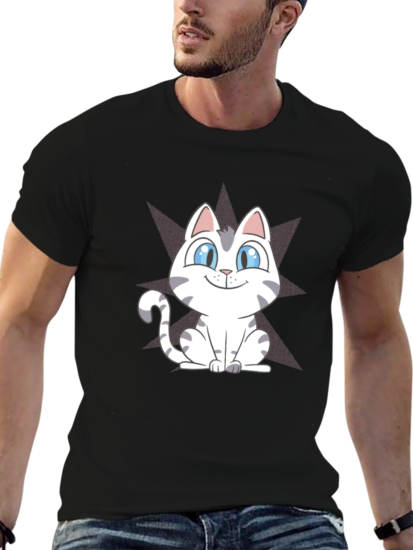 Cute Cartoon Cat Graphic Tee - Black