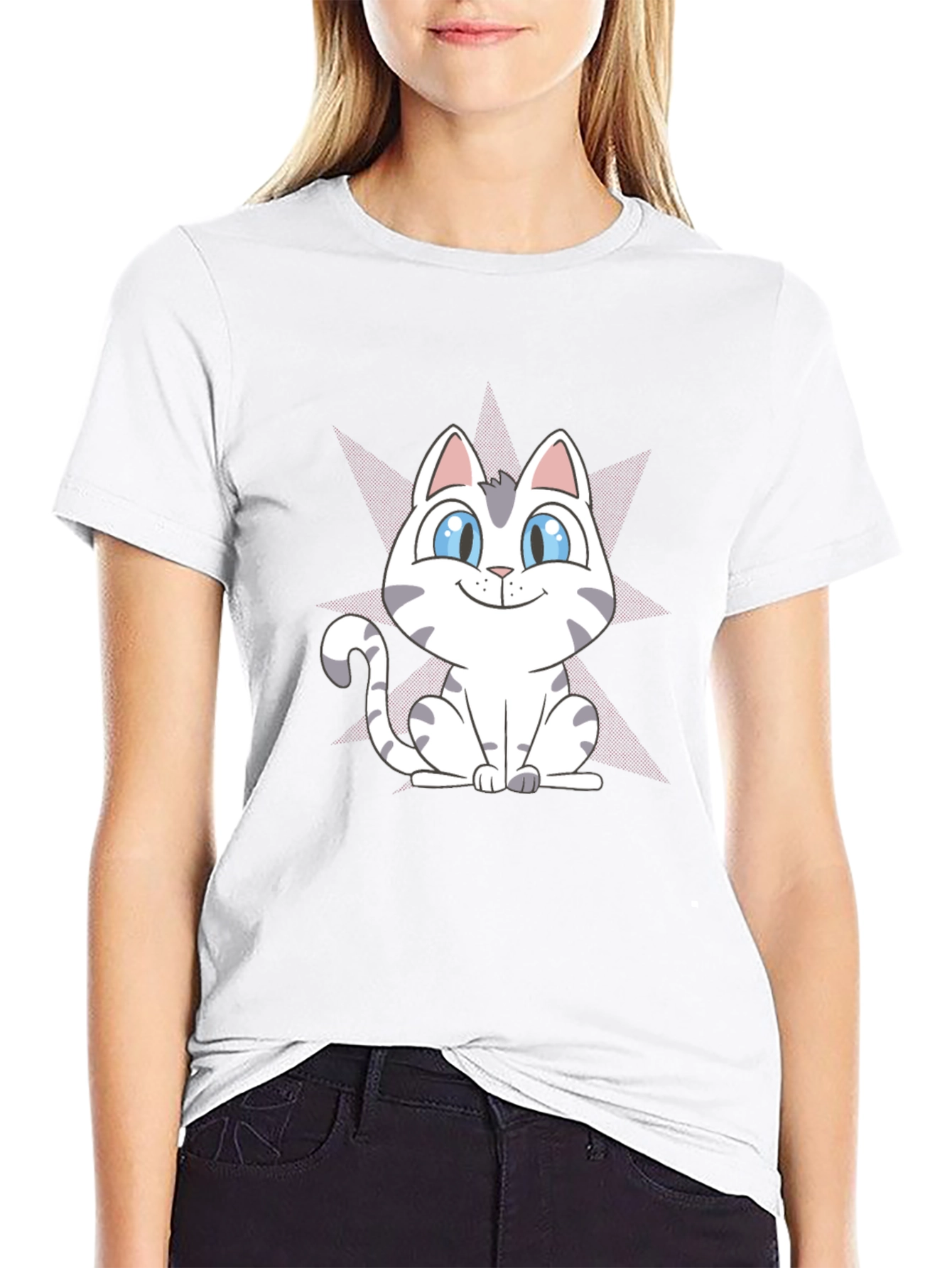 Cute Cartoon Cat Graphic Tee - Black