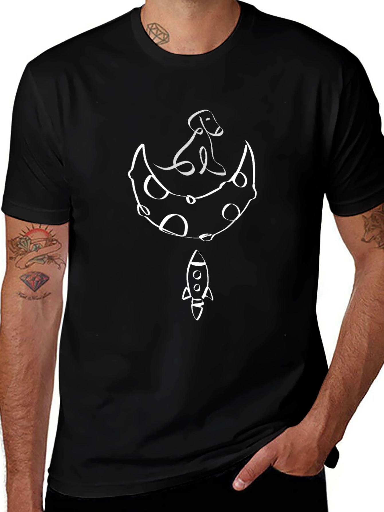 Dog on Moon Rocket T-Shirt - Black