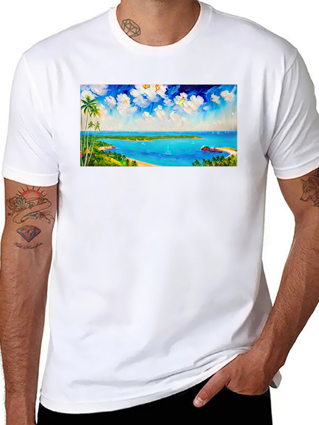 Tropical Island Scene Black T-Shirt