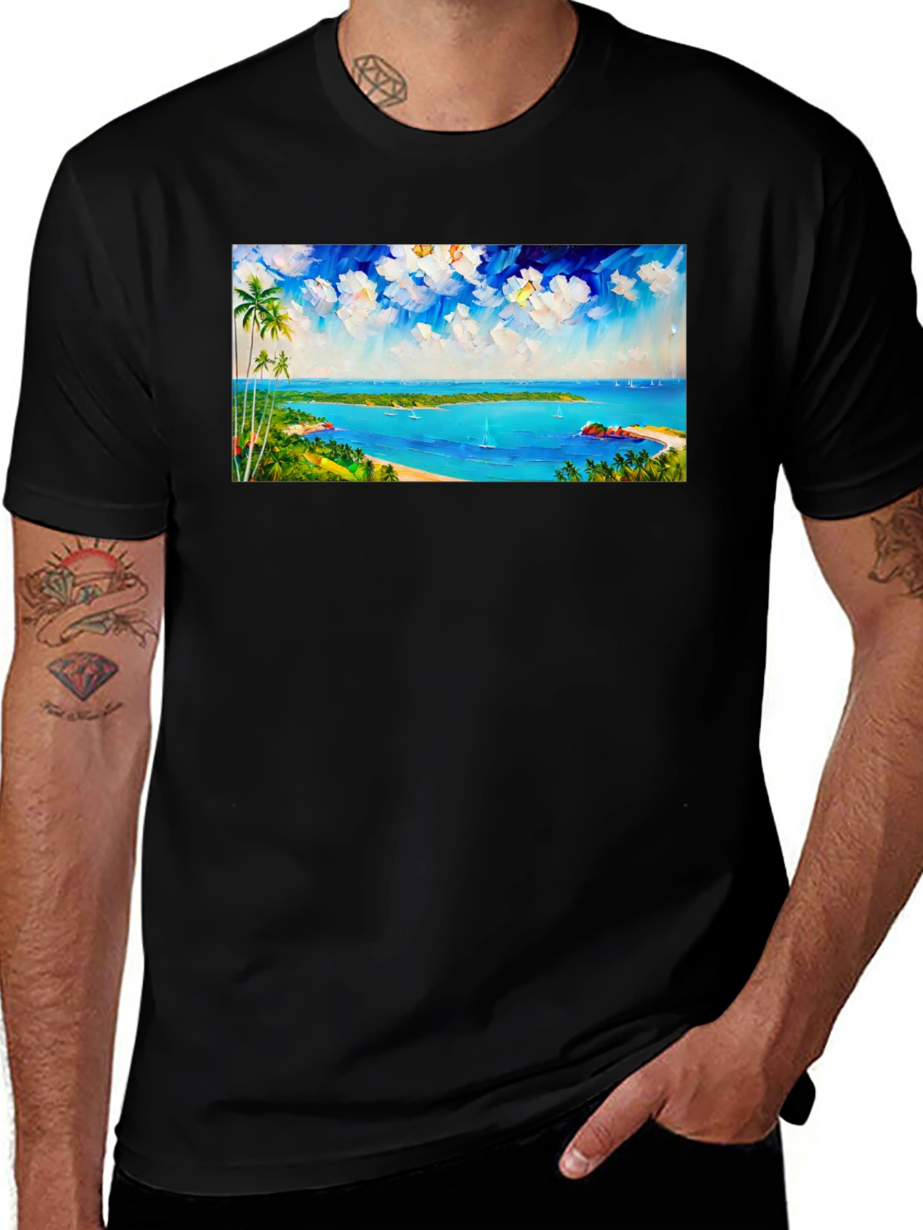 Tropical Island Scene Black T-Shirt