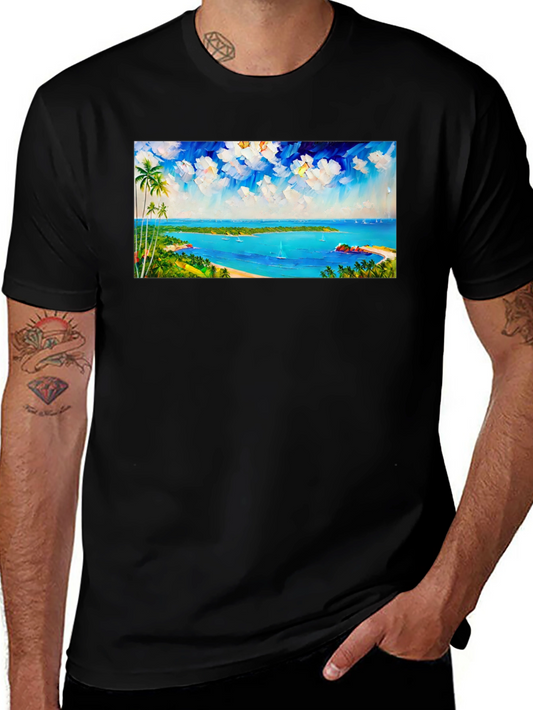 Tropical Island Scene Black T-Shirt