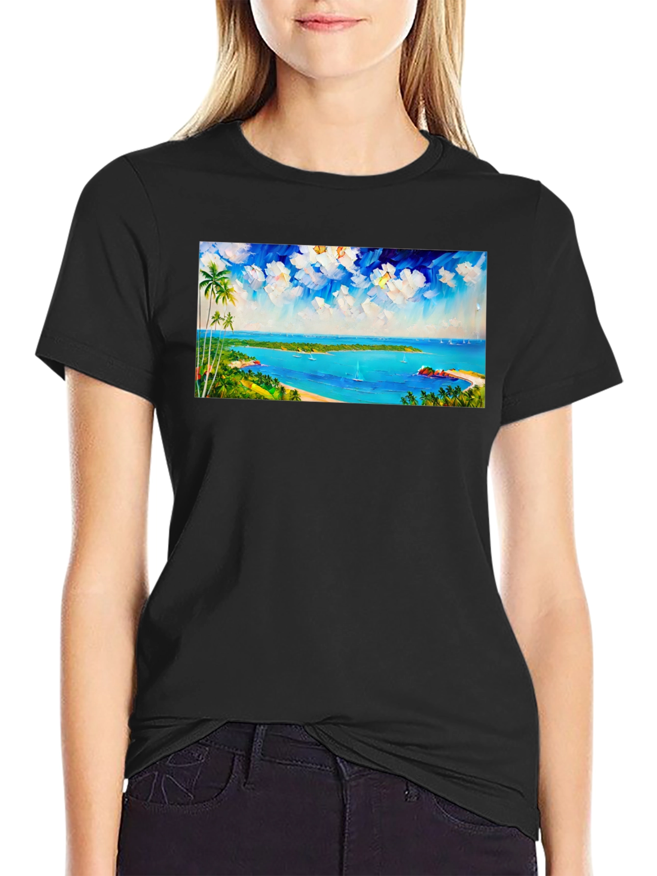 Tropical Island Scene Black T-Shirt
