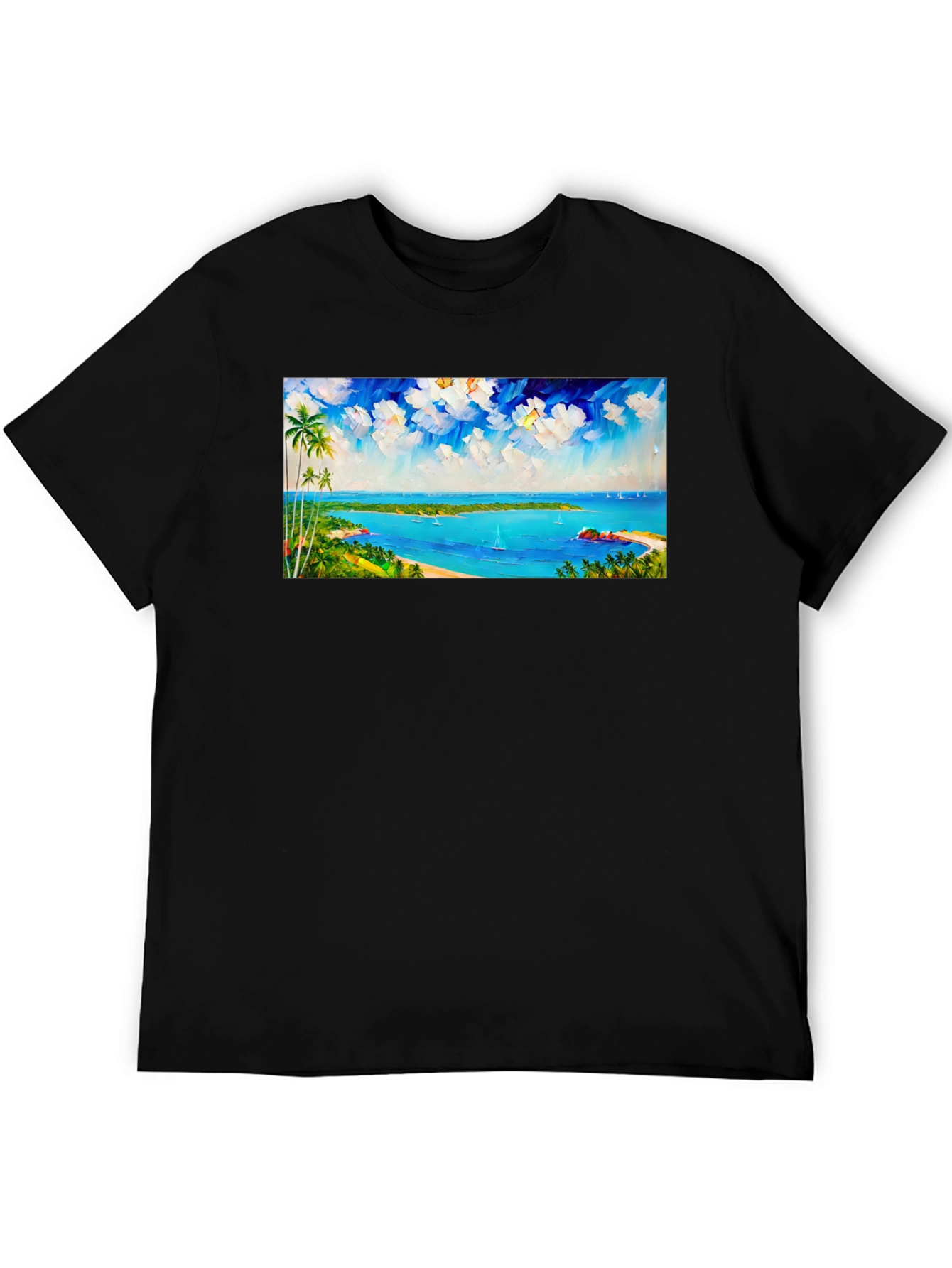 Tropical Island Scene Black T-Shirt