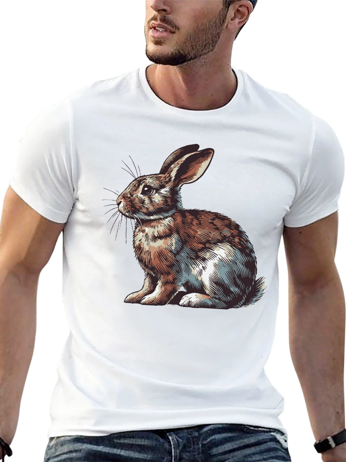 Rabbit Graphic Print Tee - Mens Casual Black T-Shirt
