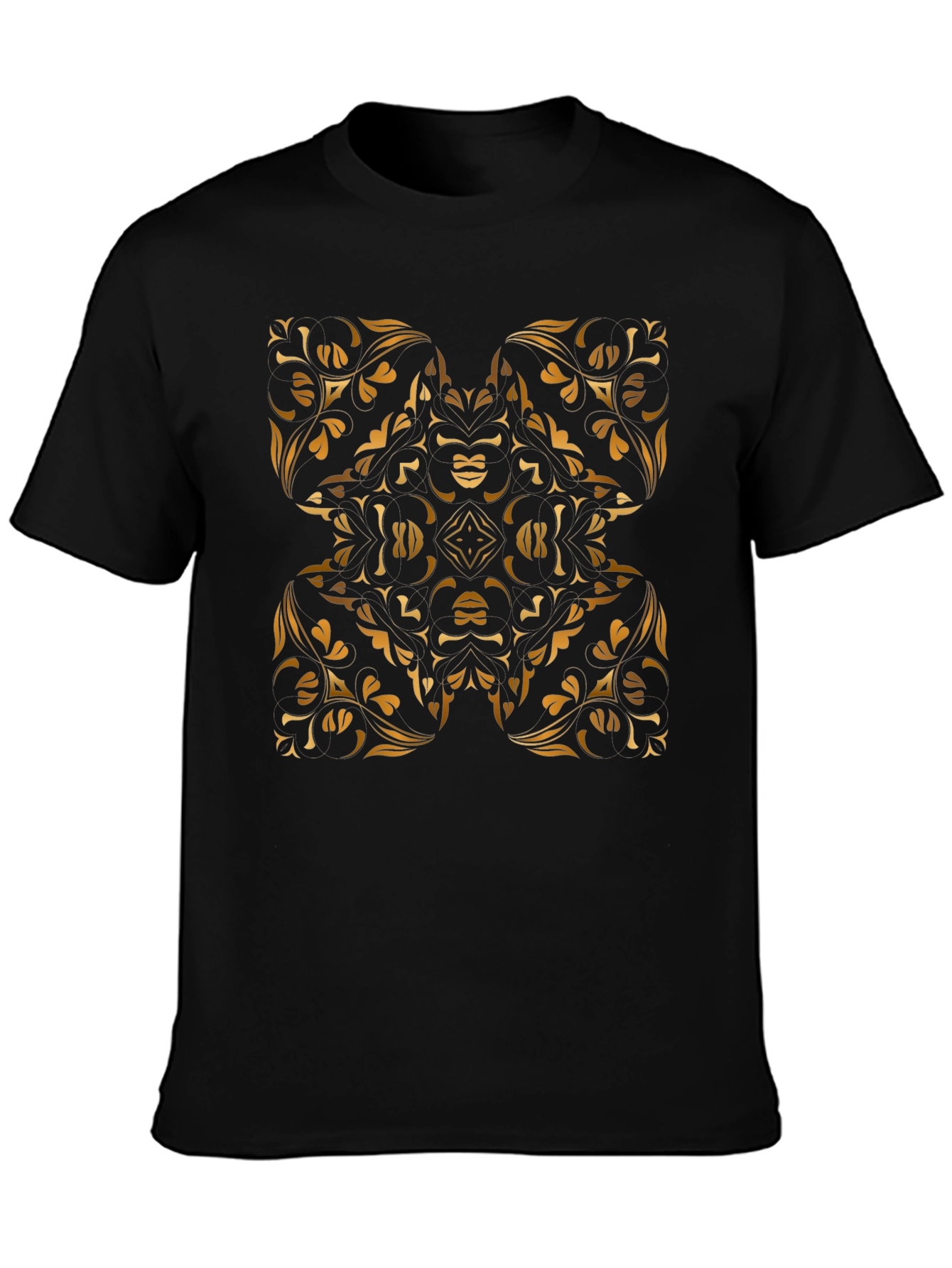 Stylish Black Tee with Gold Floral Mandala Design