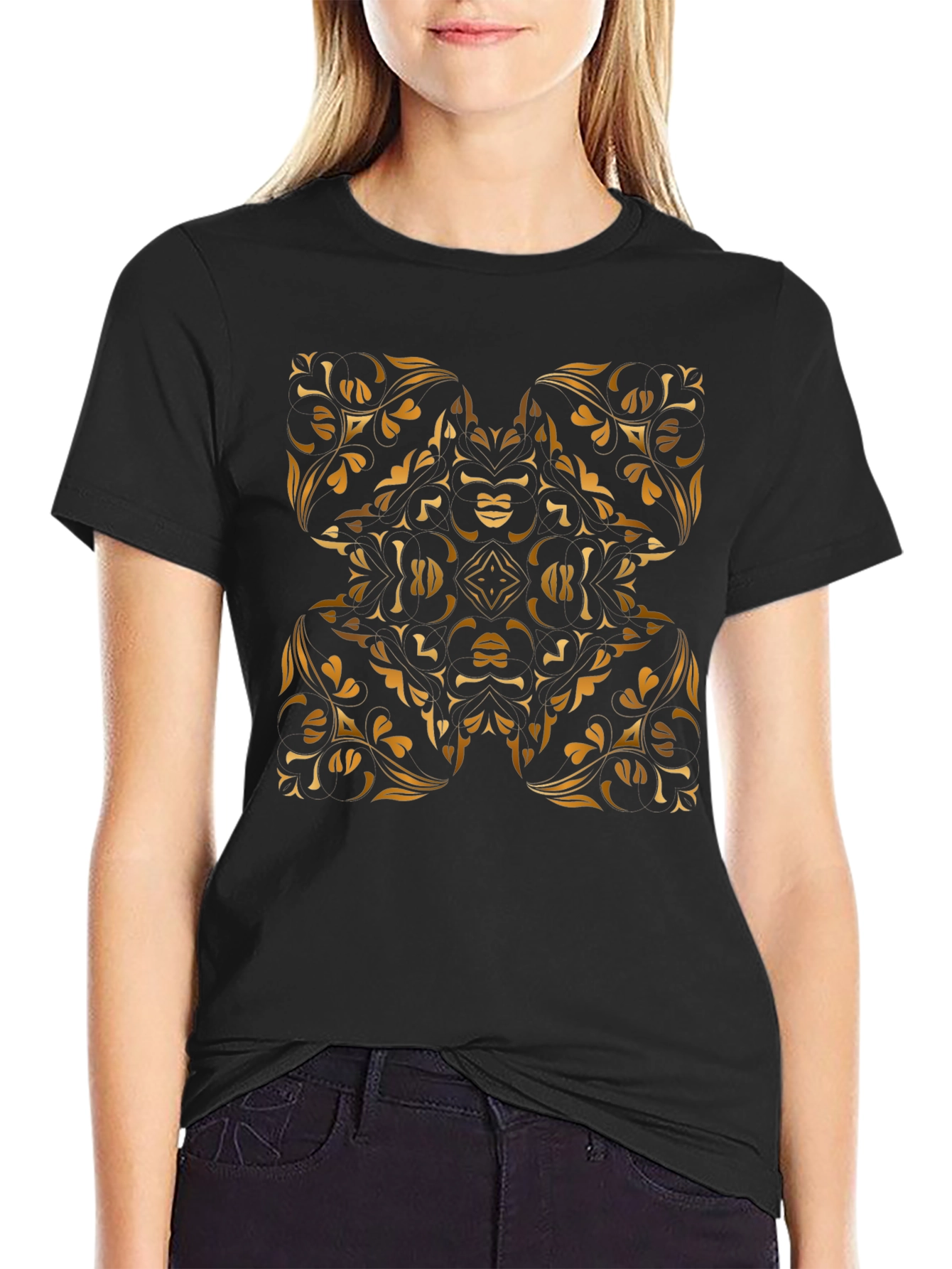 Stylish Black Tee with Gold Floral Mandala Design