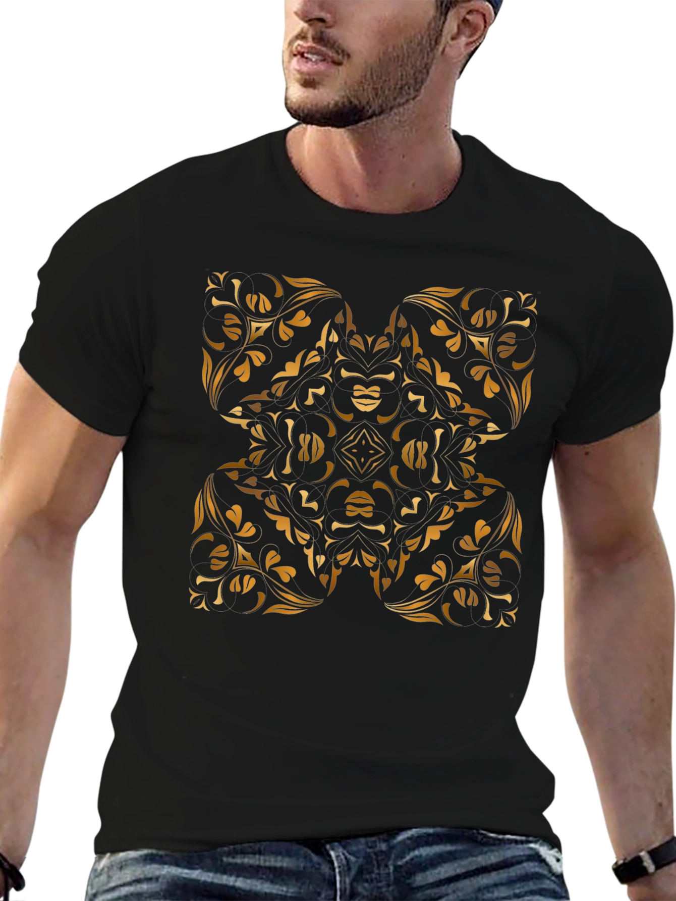 Stylish Black Tee with Gold Floral Mandala Design