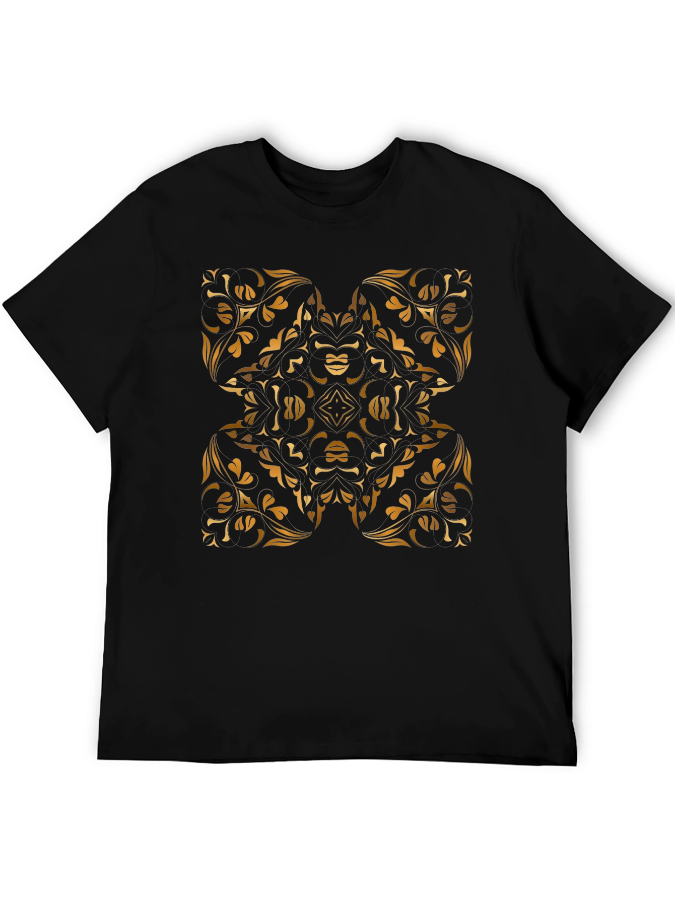 Stylish Black Tee with Gold Floral Mandala Design