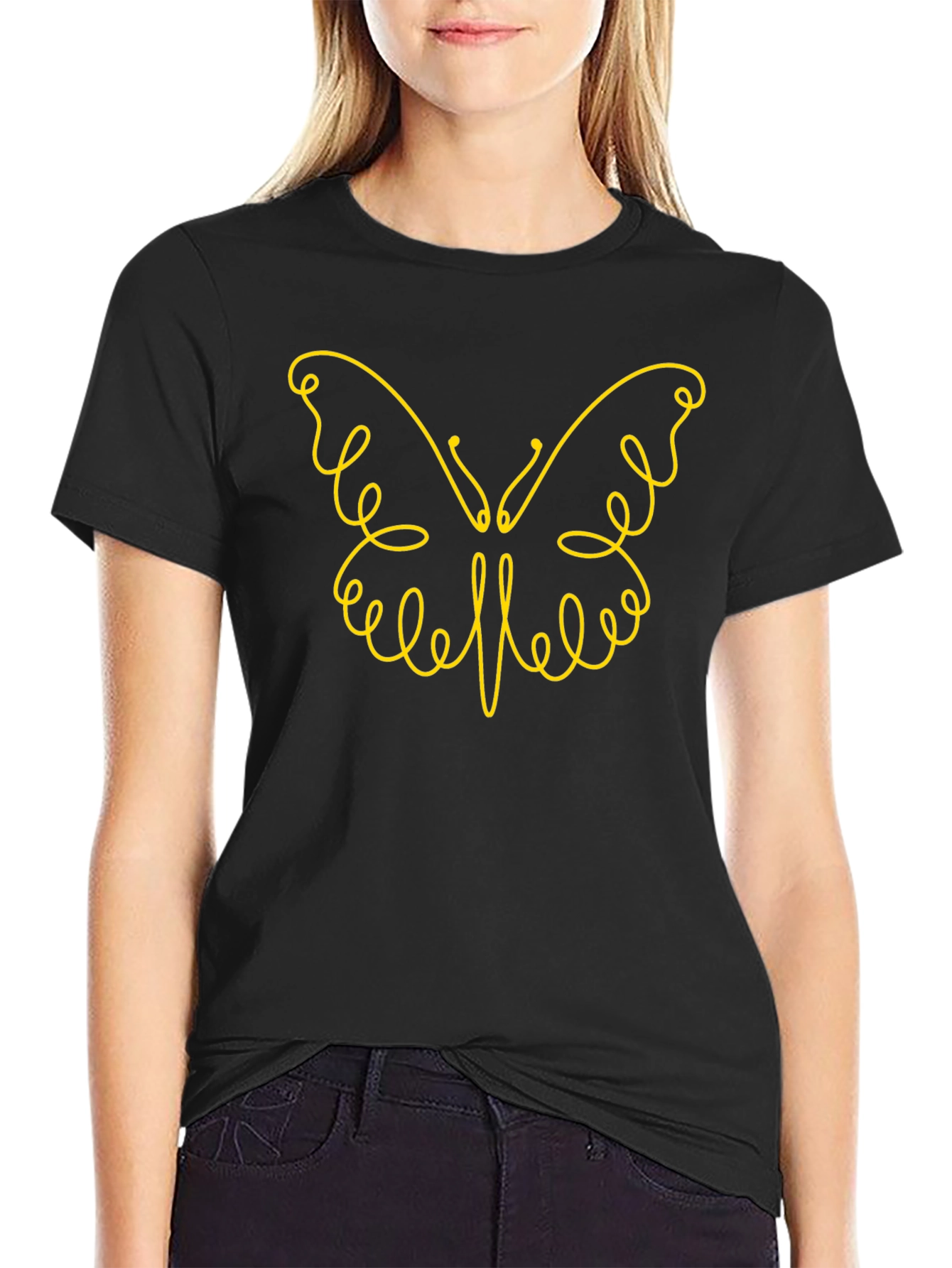 Stylish Black Tee with Butterfly Line Art