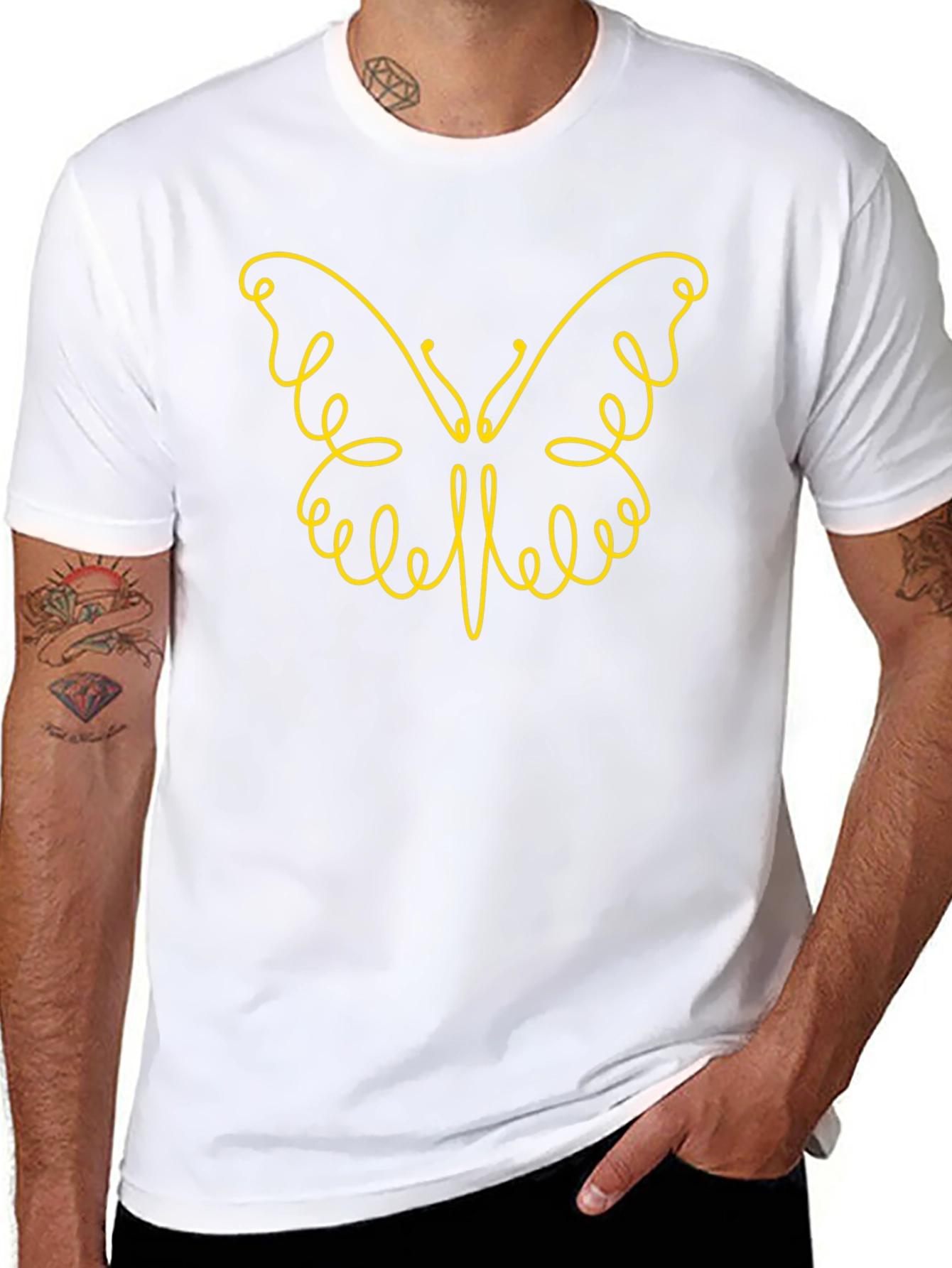 Stylish Black Tee with Butterfly Line Art