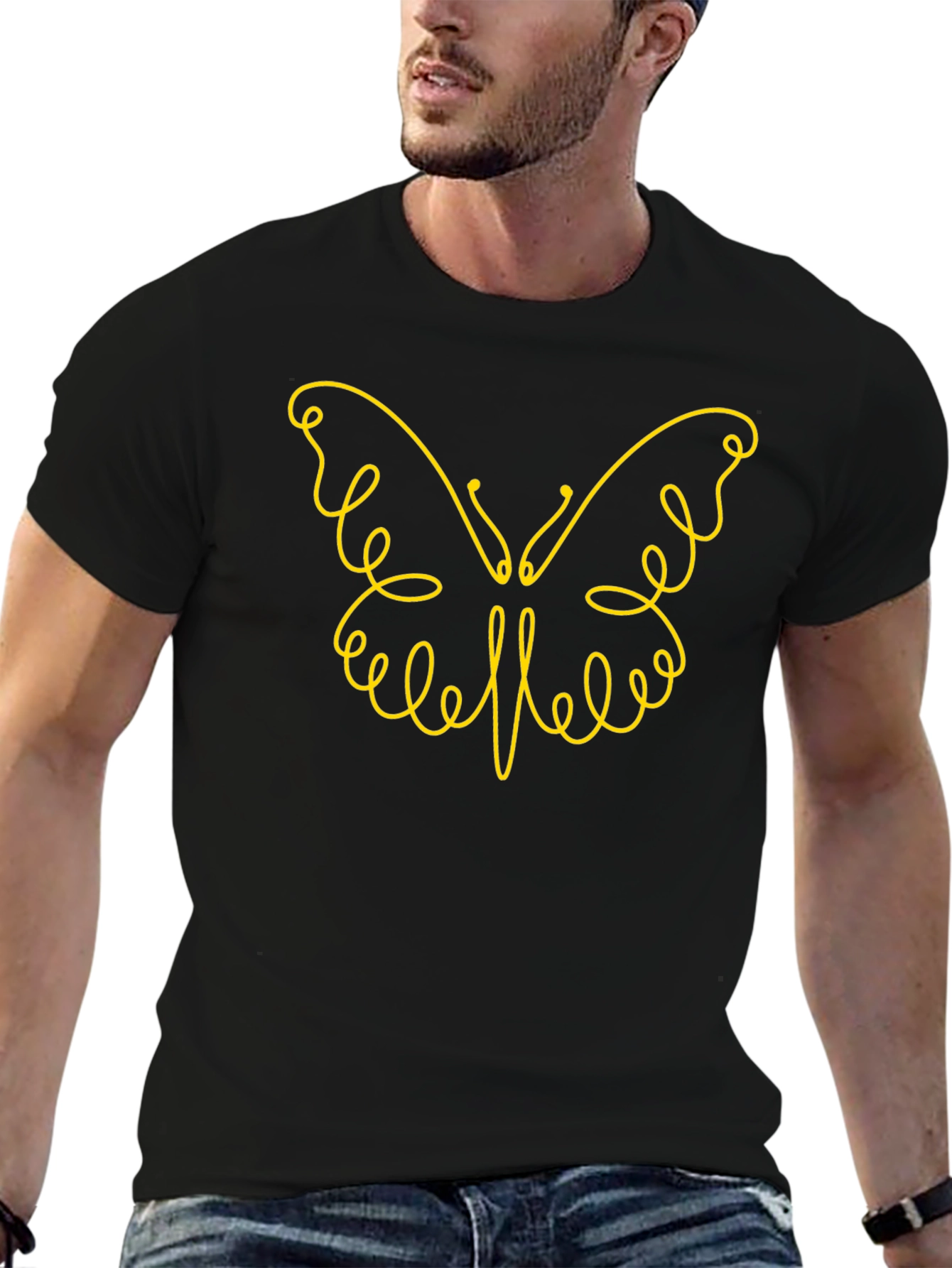 Stylish Black Tee with Butterfly Line Art