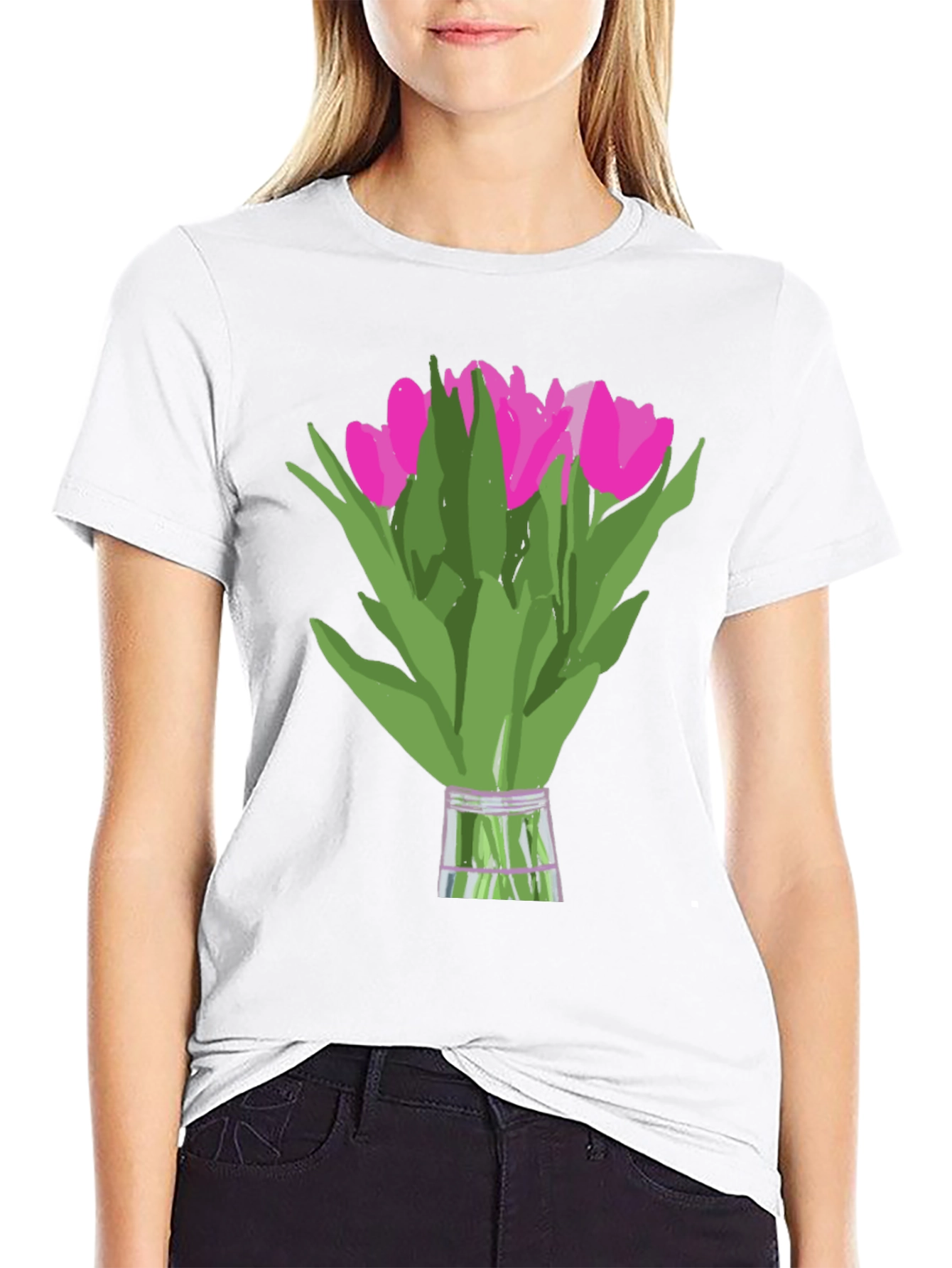 Floral Graphic Tee - Pink Tulips on Black