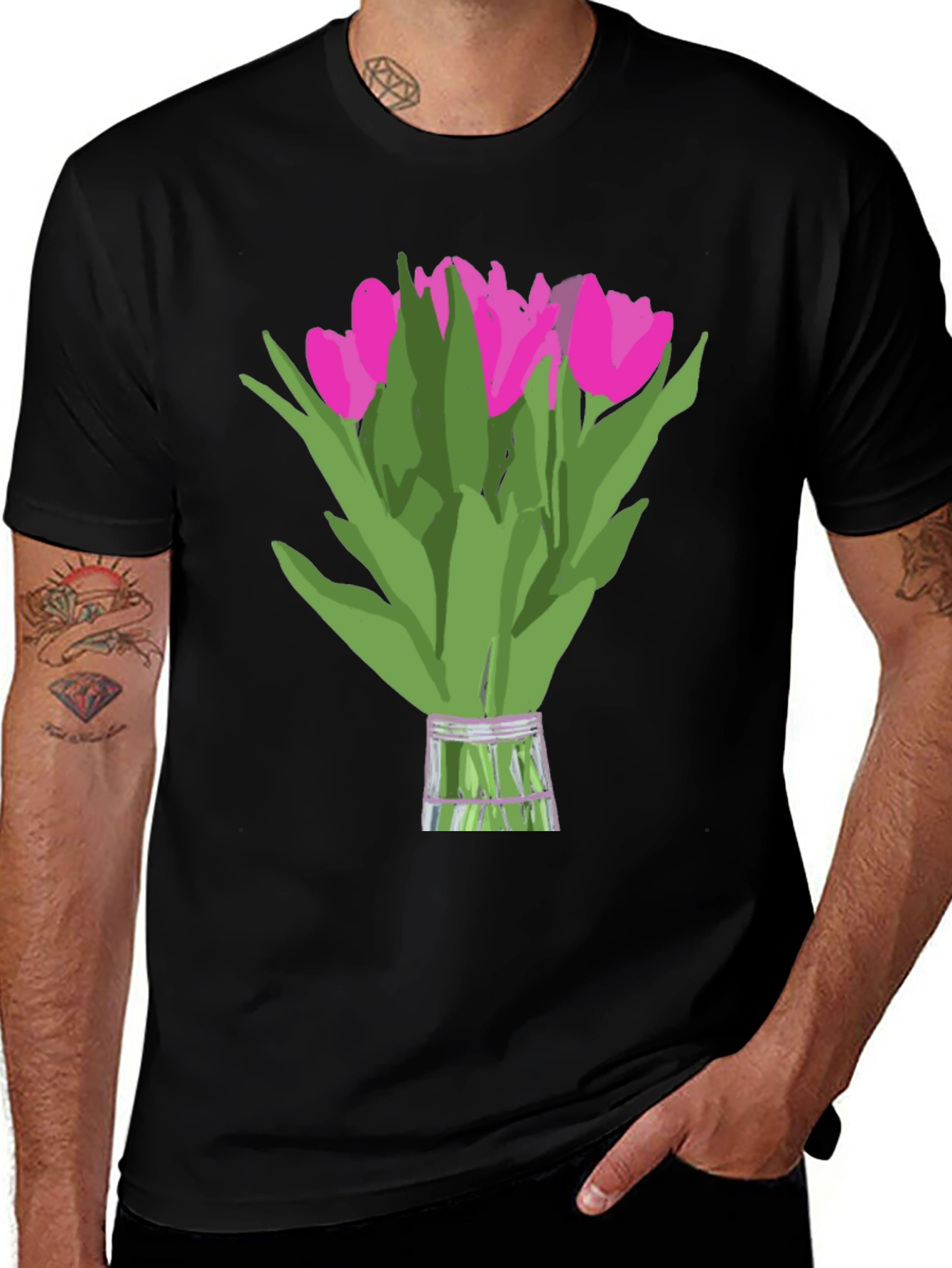 Floral Graphic Tee - Pink Tulips on Black