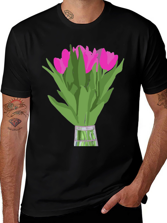 Floral Graphic Tee - Pink Tulips on Black