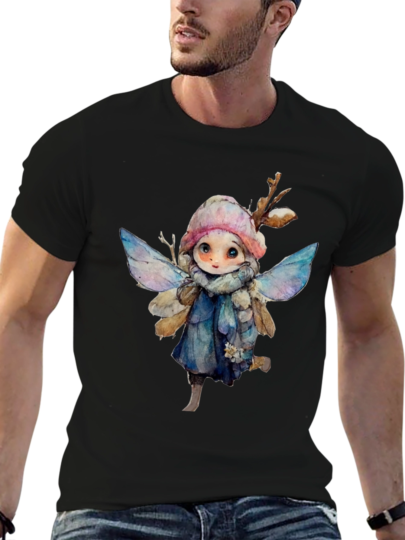 Whimsical Winter Fairy Graphic Tee - Black