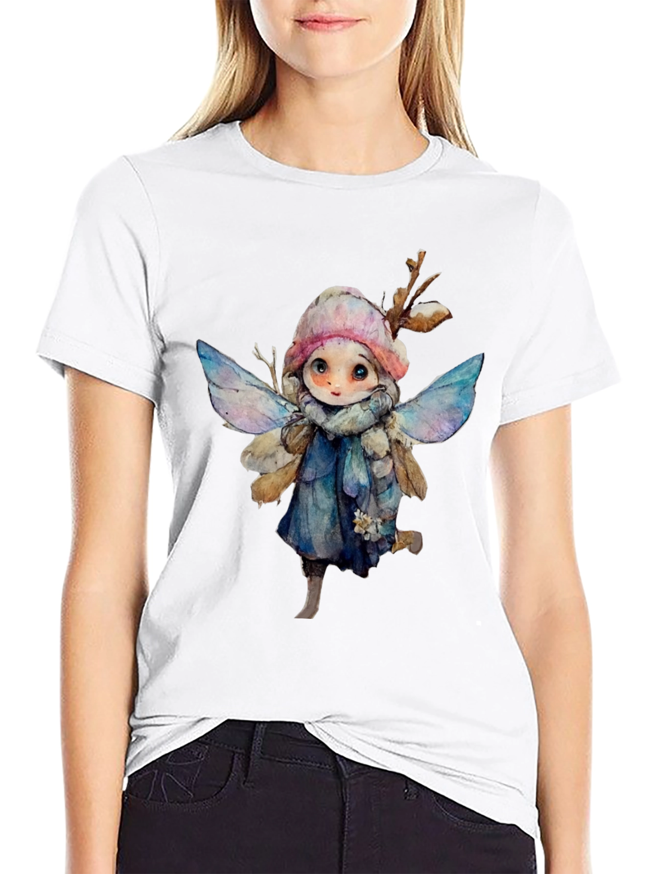 Whimsical Winter Fairy Graphic Tee - Black