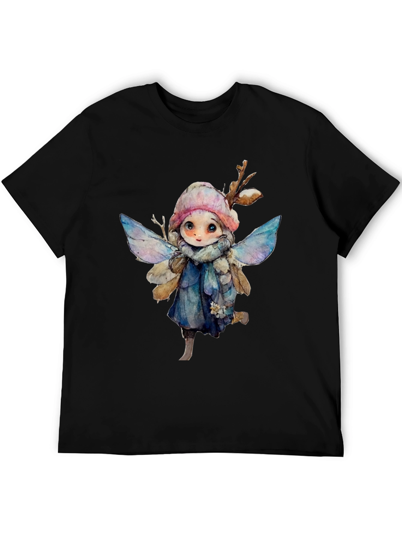 Whimsical Winter Fairy Graphic Tee - Black