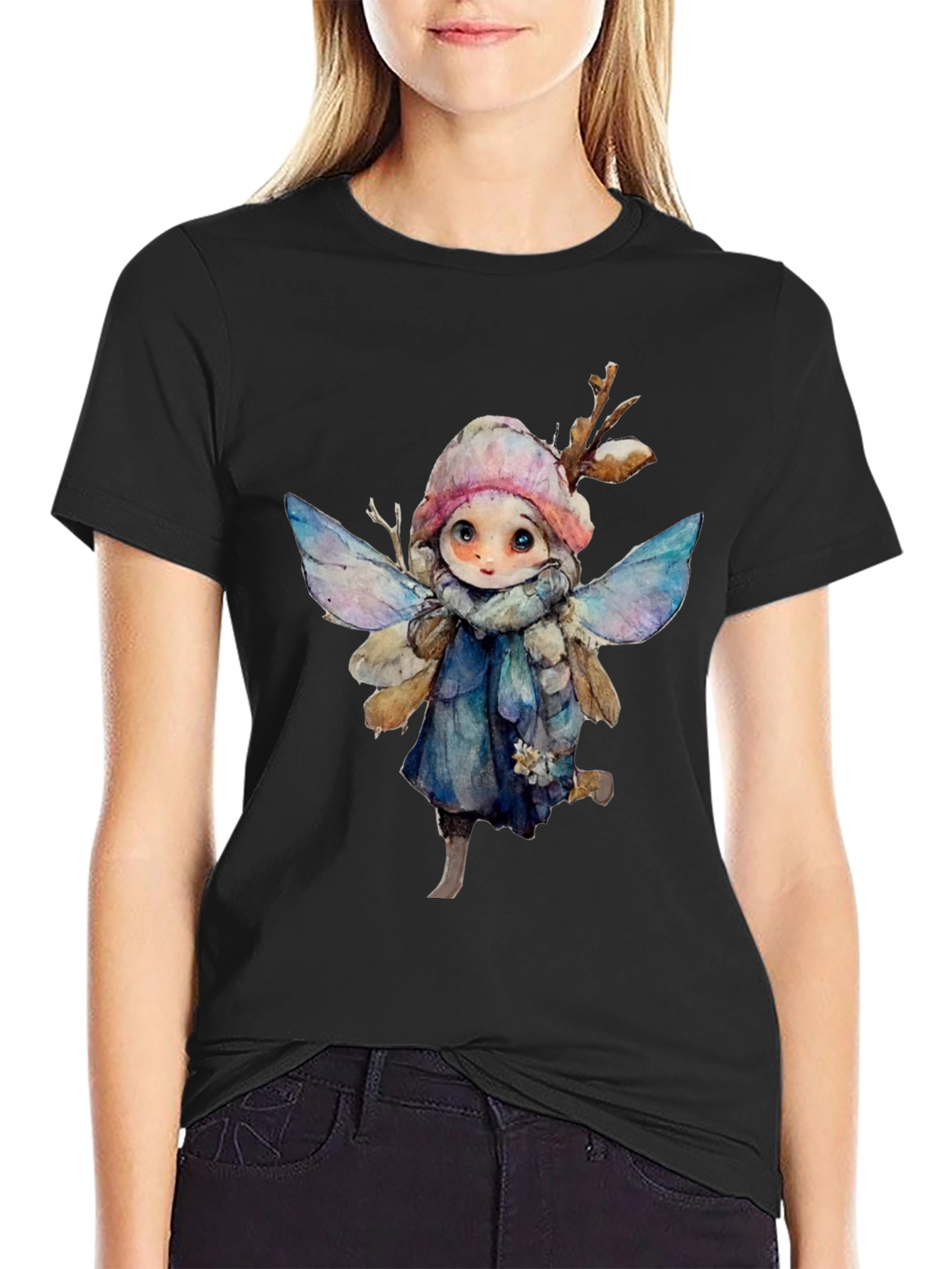Whimsical Winter Fairy Graphic Tee - Black