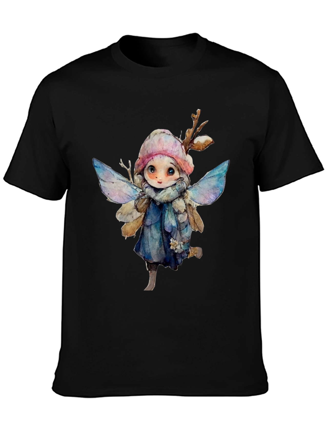 Whimsical Winter Fairy Graphic Tee - Black