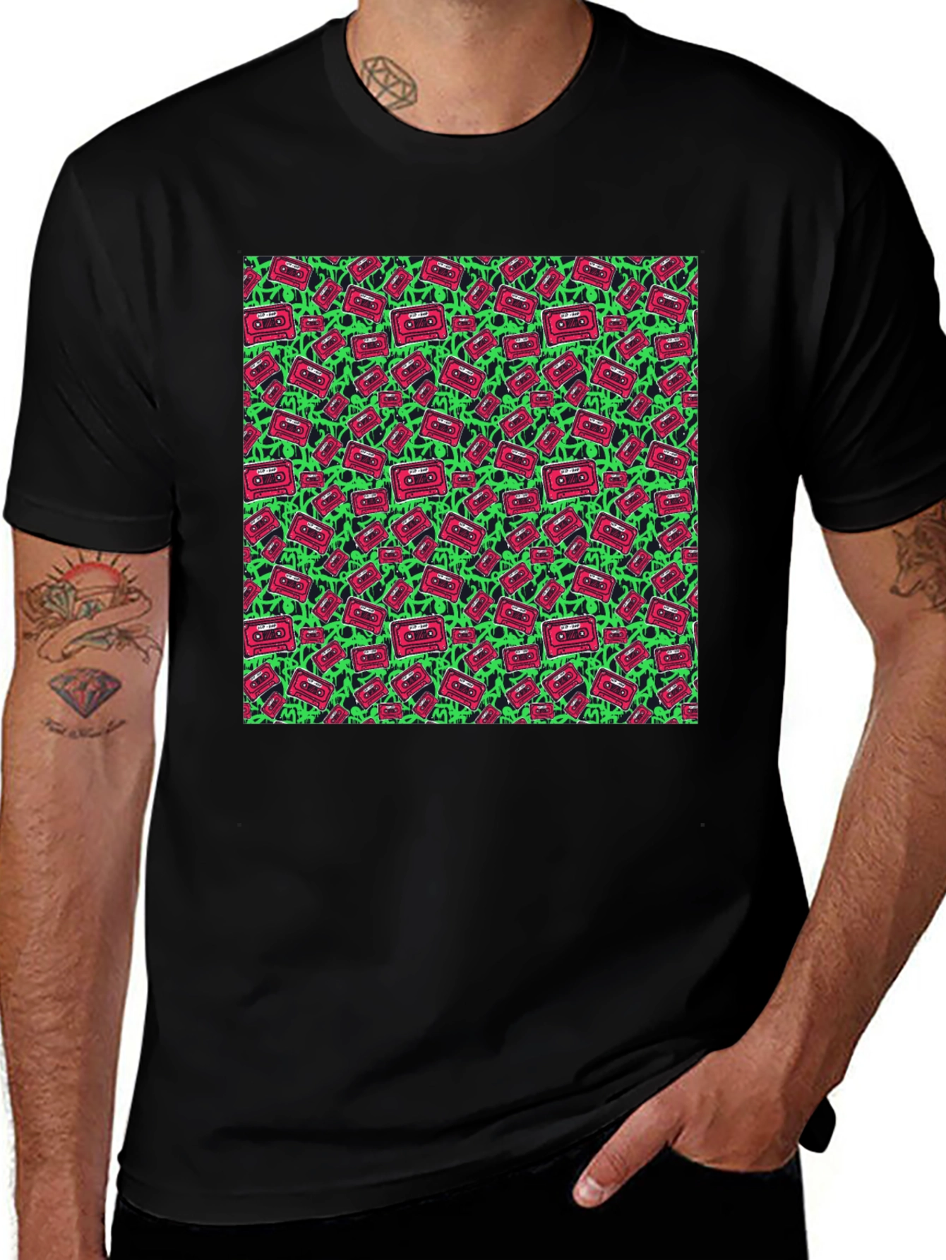 Retro Cassette Pattern Black T-Shirt
