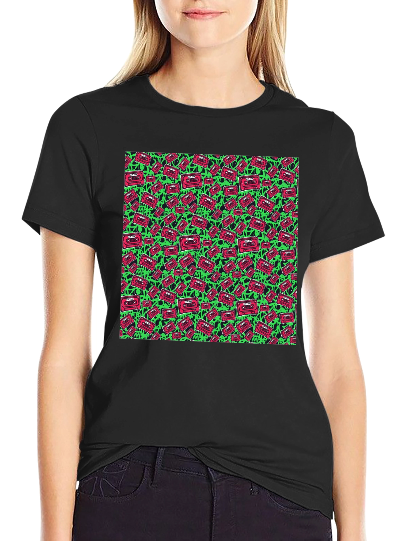 Retro Cassette Pattern Black T-Shirt