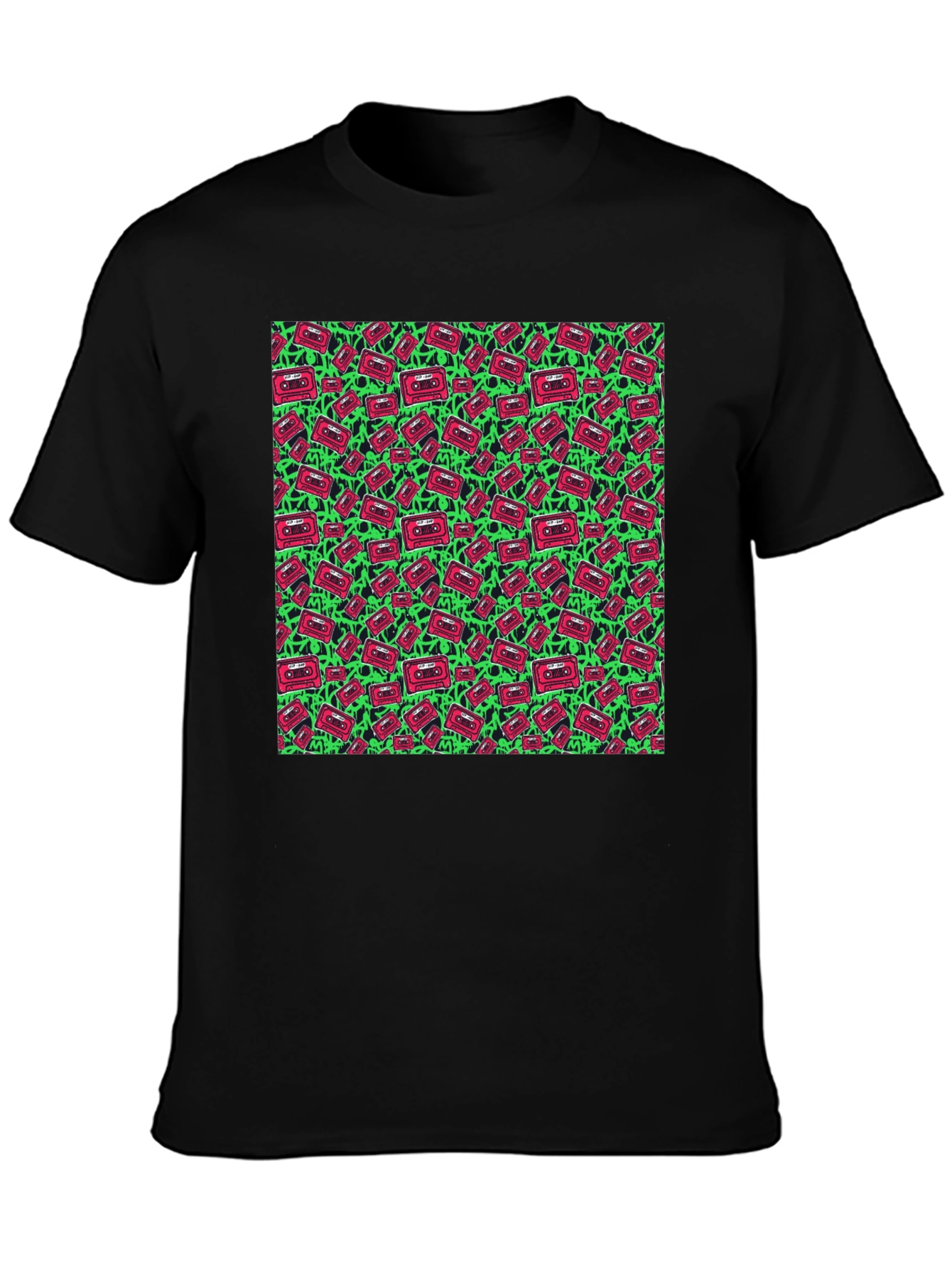 Retro Cassette Pattern Black T-Shirt