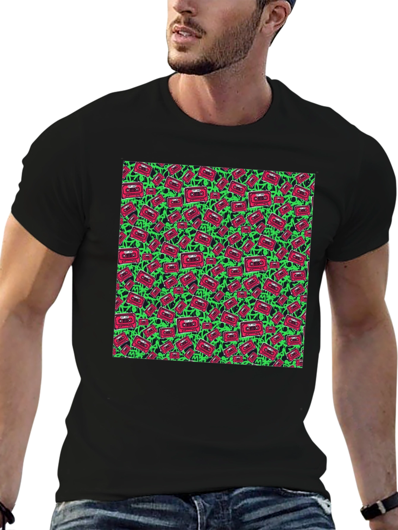 Retro Cassette Pattern Black T-Shirt