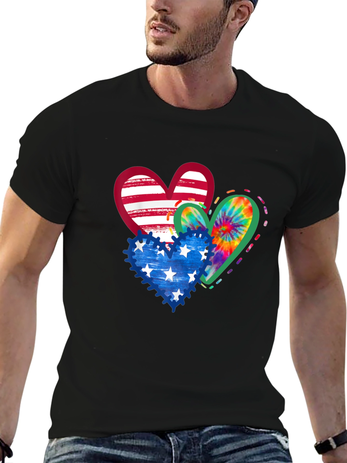 Patriotic Hearts T-Shirt - USA Flag Tie Dye Stars