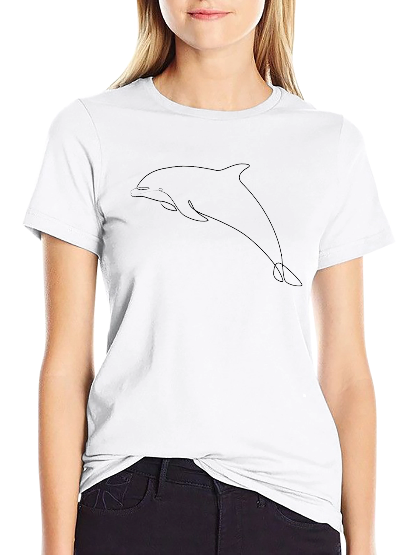 Minimalist Dolphin Line Art T-Shirt - Black