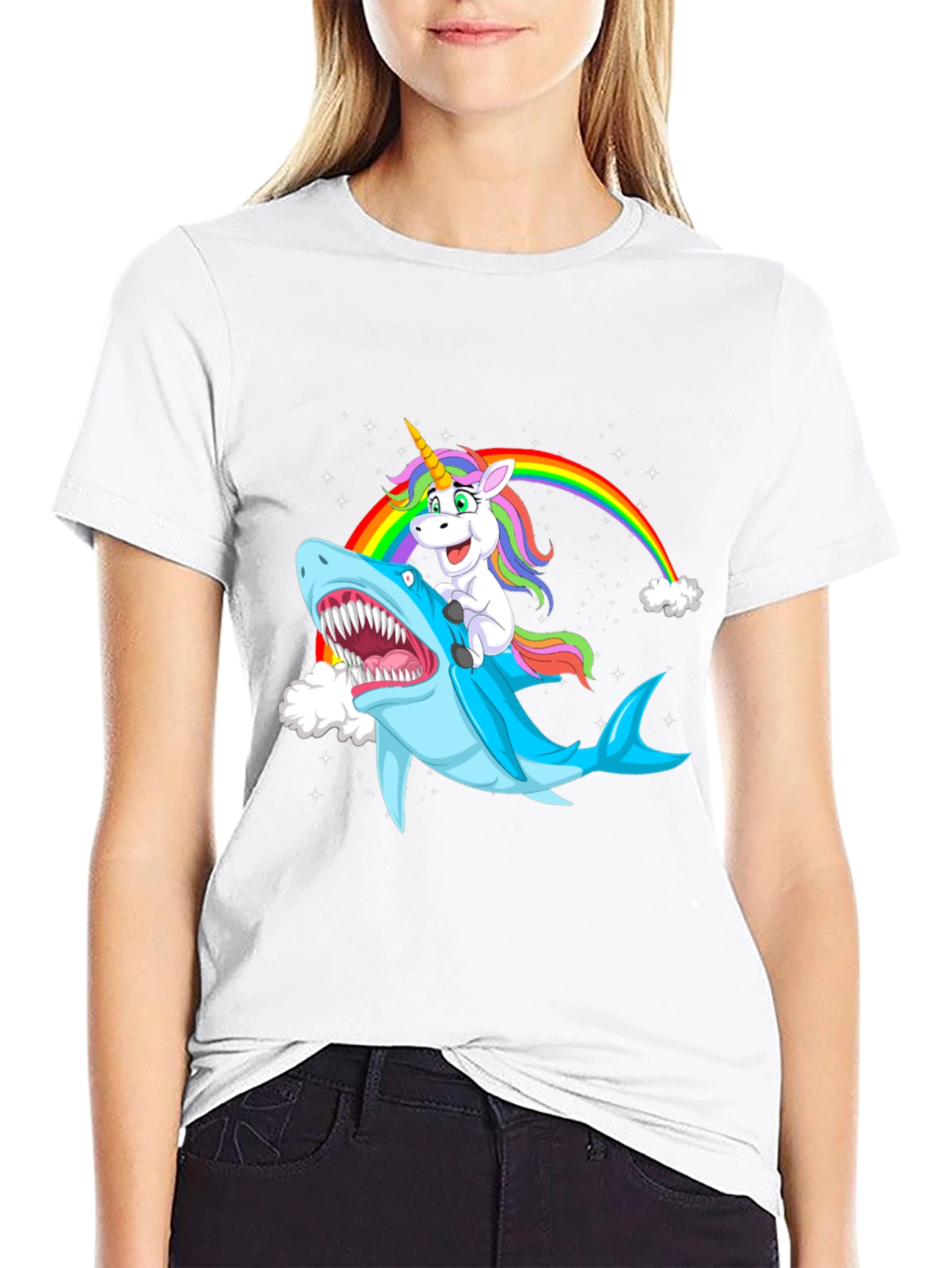 Unicorn Riding Shark Black Graphic Tee
