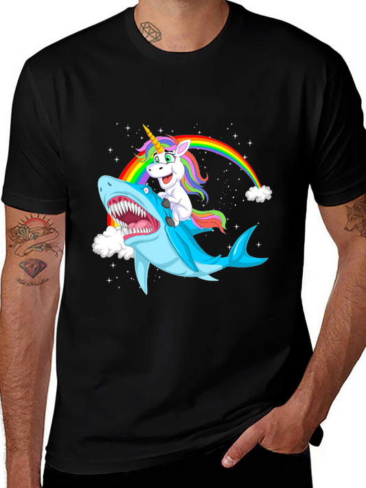 Unicorn Riding Shark Black Graphic Tee