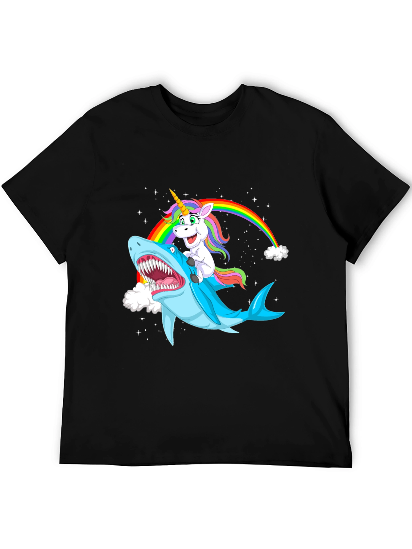Unicorn Riding Shark Black Graphic Tee