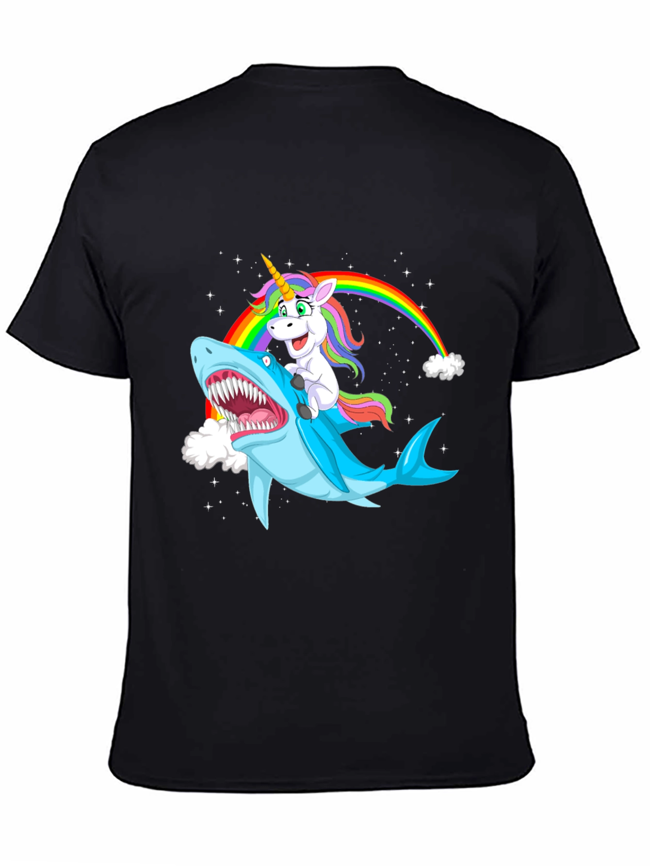 Unicorn Riding Shark Black Graphic Tee