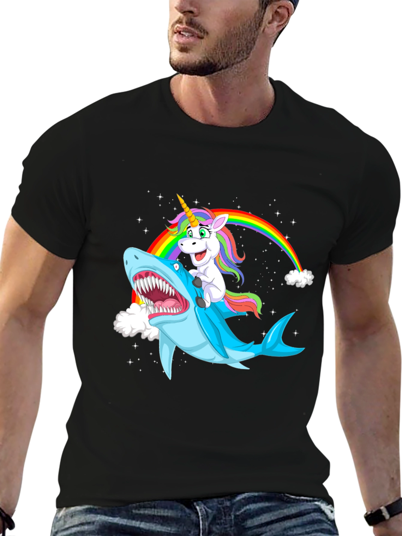 Unicorn Riding Shark Black Graphic Tee