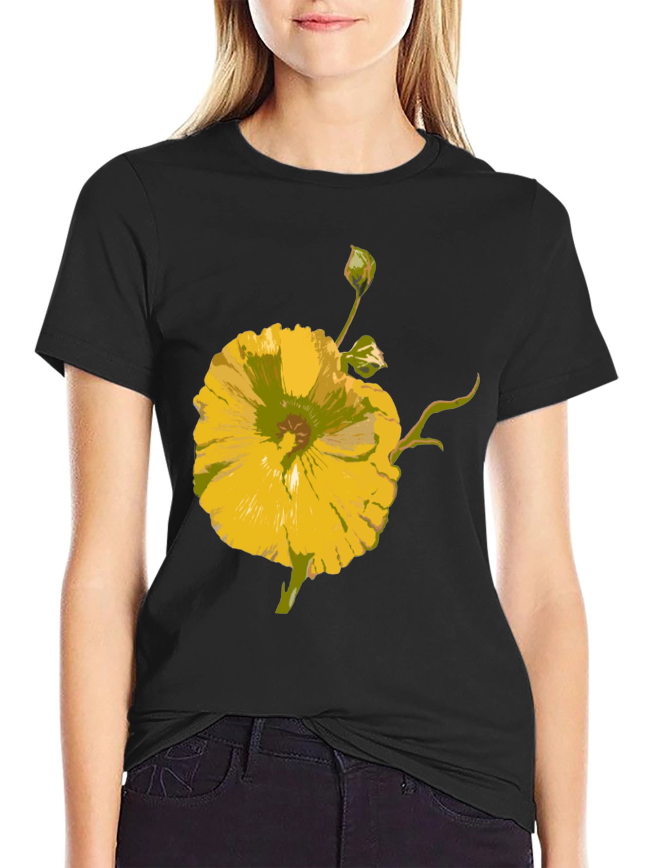 Floral T-Shirt: Yellow Flower Design Casual Wear