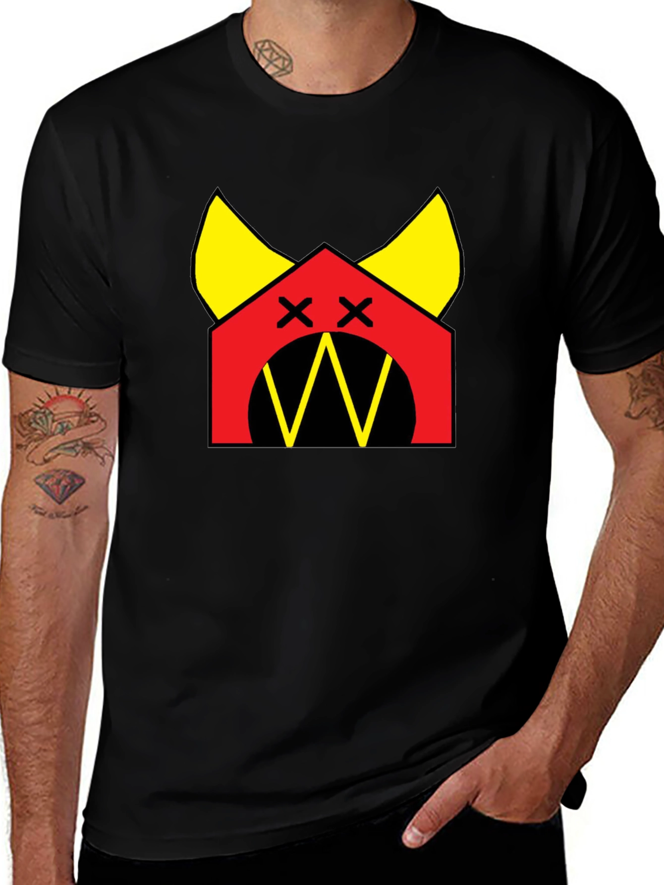 Graphic Tee: Cartoon Dog House Design Black Cotton