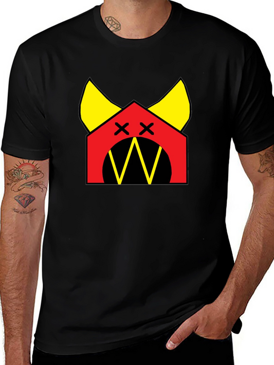 Graphic Tee: Cartoon Dog House Design Black Cotton