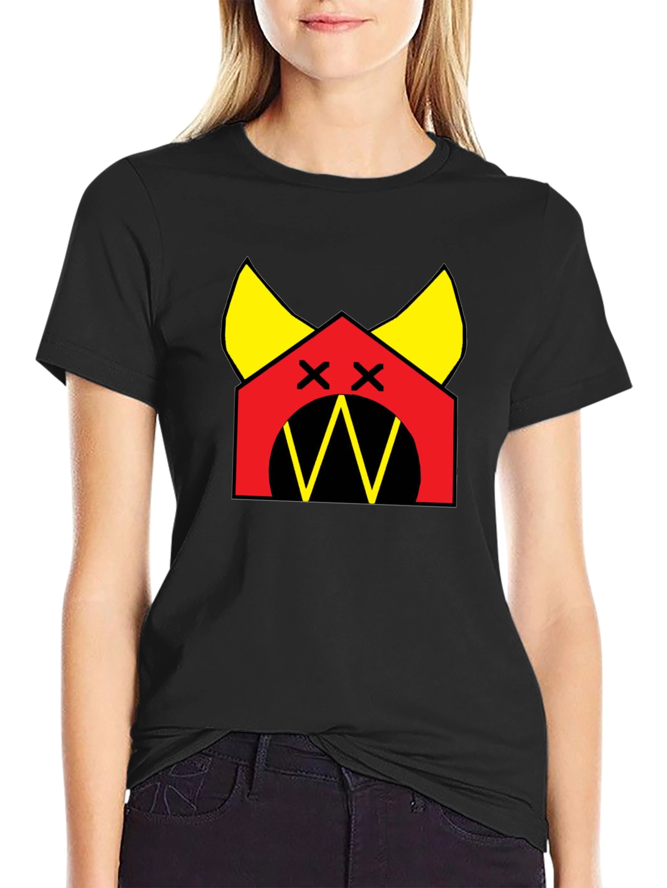 Graphic Tee: Cartoon Dog House Design Black Cotton