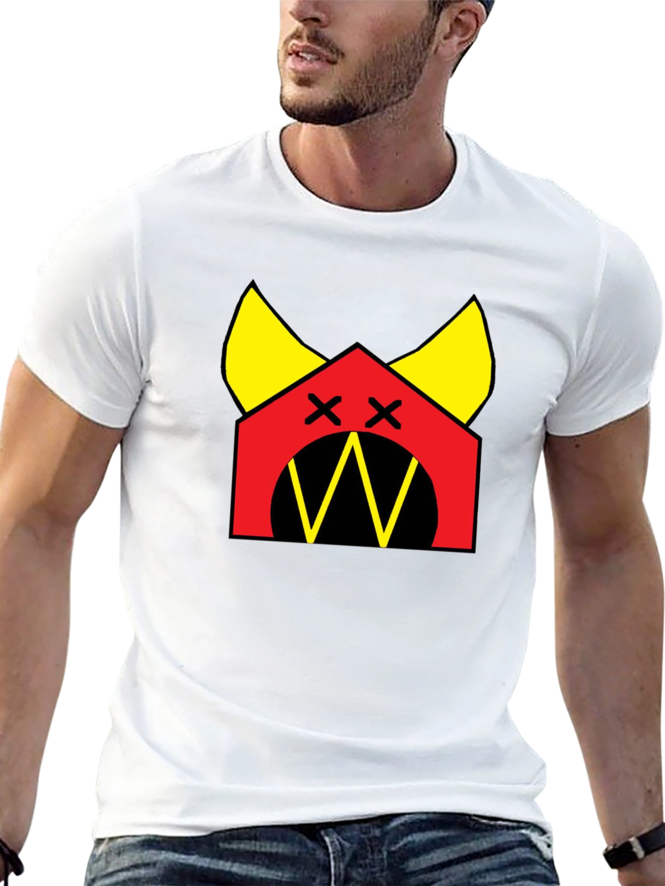 Graphic Tee: Cartoon Dog House Design Black Cotton