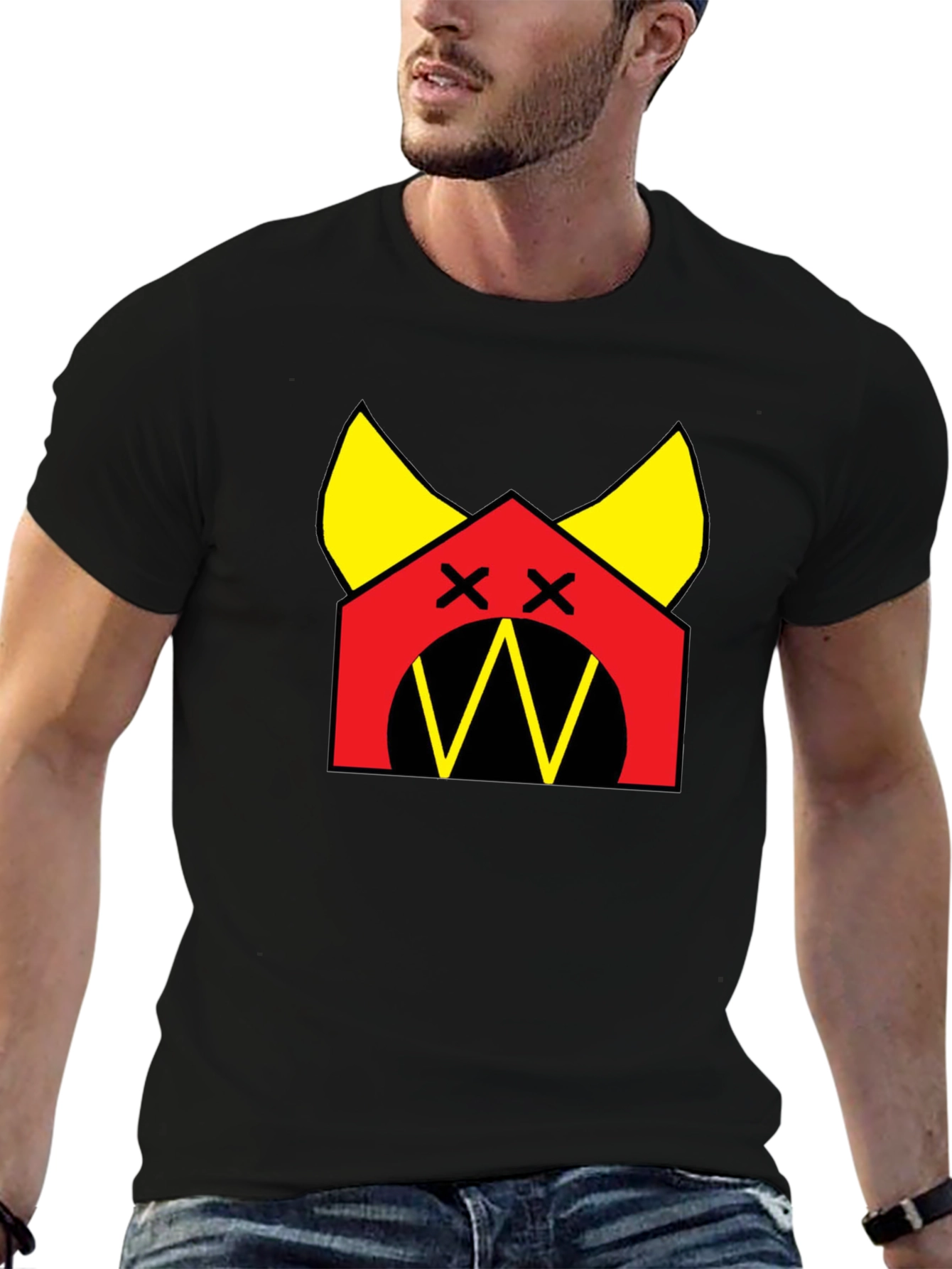 Graphic Tee: Cartoon Dog House Design Black Cotton