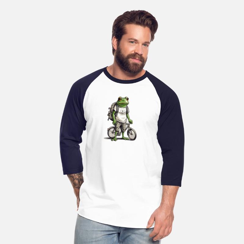 A frog wearing a T-shirt carrying a backpack