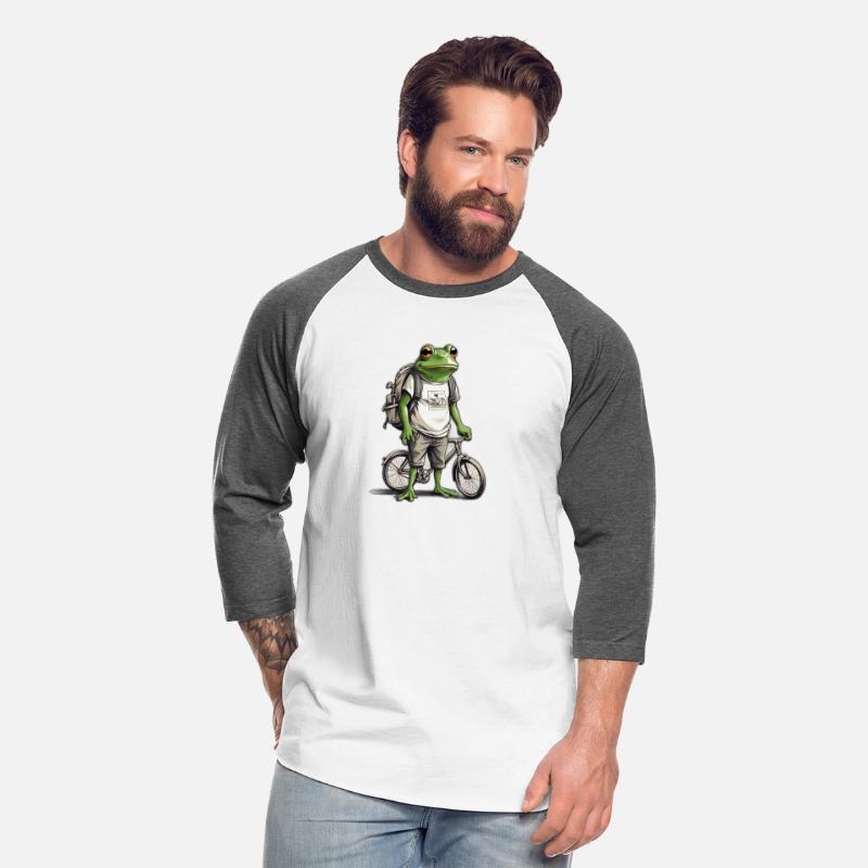 A frog wearing a T-shirt carrying a backpack