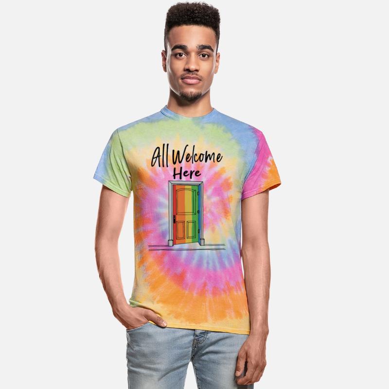 All Welcome Here rainbow door