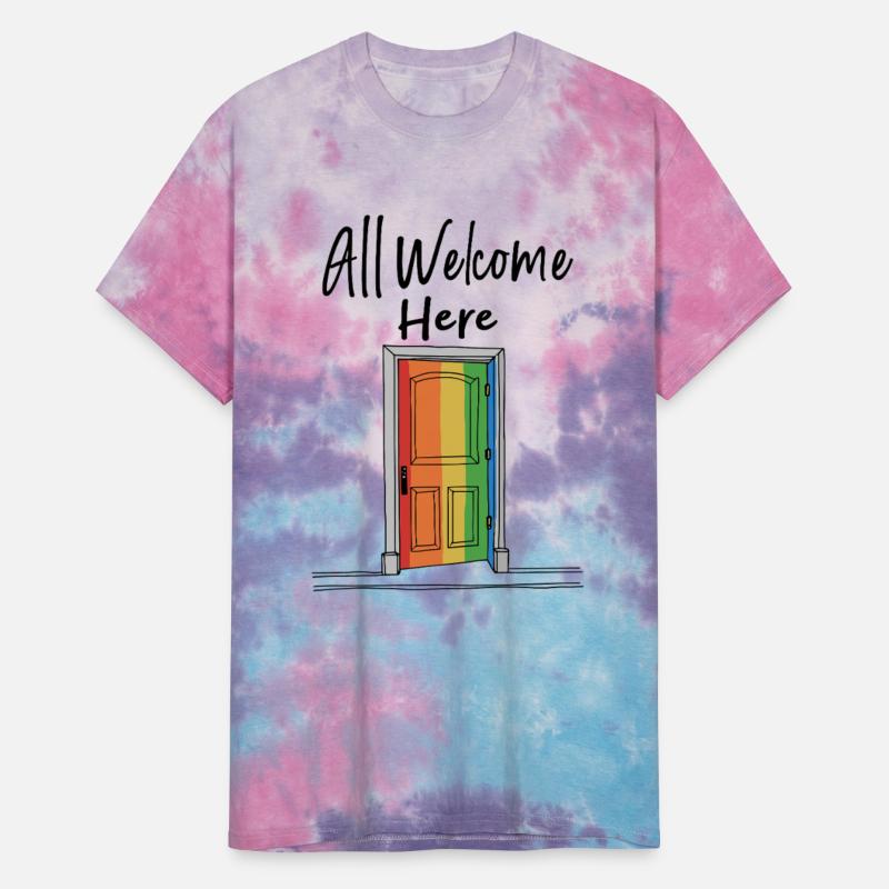 All Welcome Here rainbow door